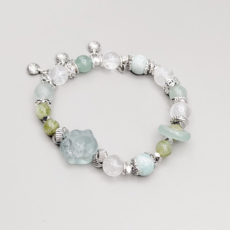 天然水晶 猫咪造型手链 绿萤石 + 天河石 + 岫玉 + 白水晶 手环 - 项链 - 水晶 绿色