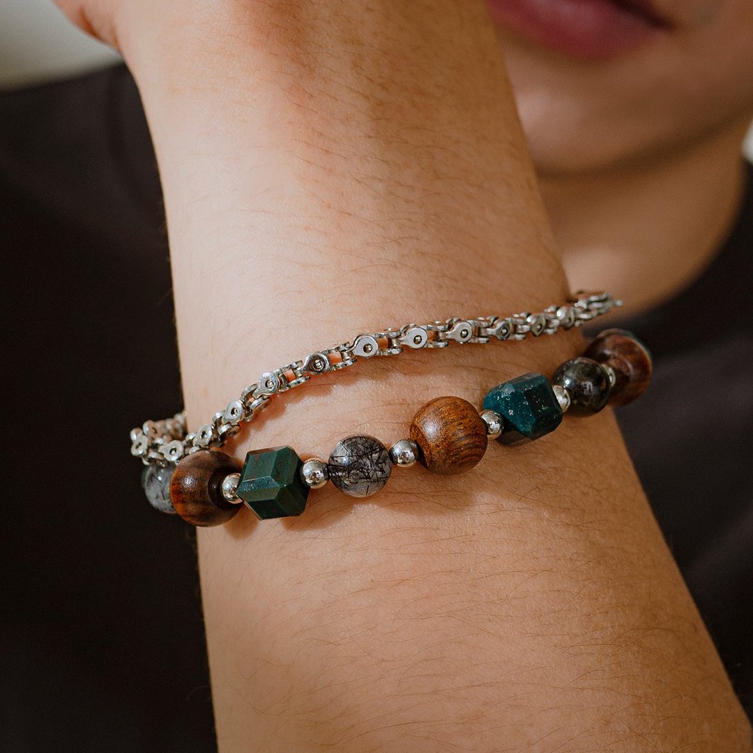 Unisex | 极昼系 - 秋风 * 花梨木 黑发晶 鸡血石 避邪 水晶手链 - 手链/手环 - 水晶 绿色