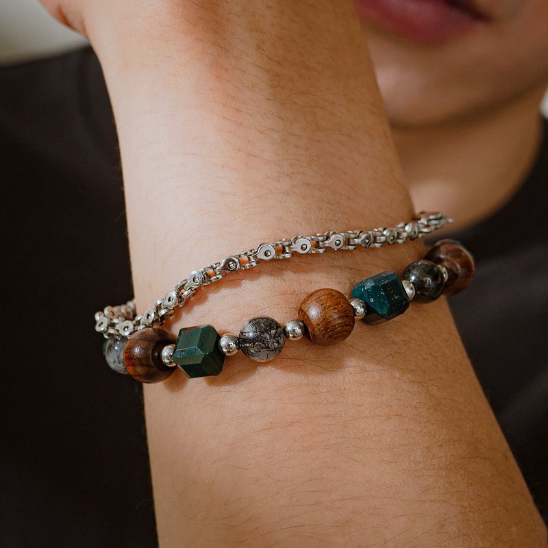 Unisex | 极昼系 - 秋风 * 花梨木 黑发晶 鸡血石 避邪 水晶手链 - 手链/手环 - 水晶 绿色