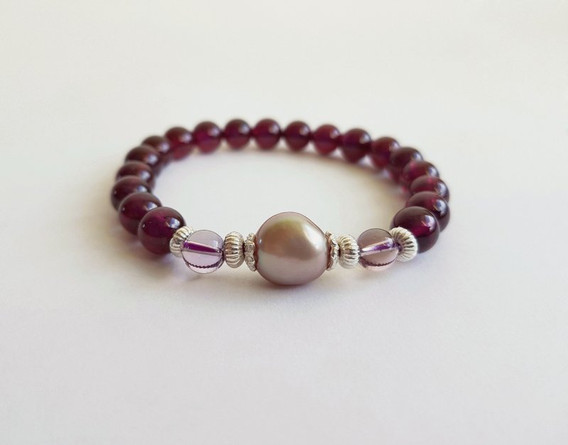 宝石系 玫红 天然矿石 紫牙乌 珍珠 紫水晶 925纯银 手链 - 手链/手环 - 宝石 红色