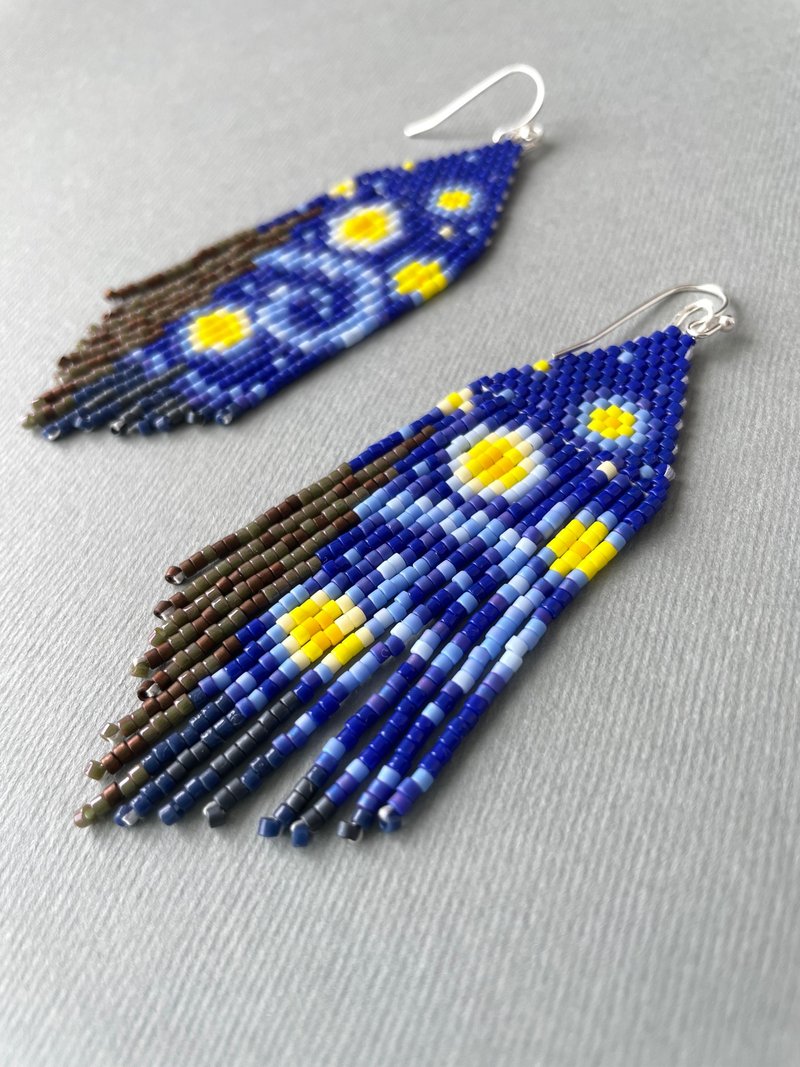 Beaded Van Gogh Starry Night earrings with fringe PDF PATTERN for miyuki delica - 其他数码商品 - 其他材质 