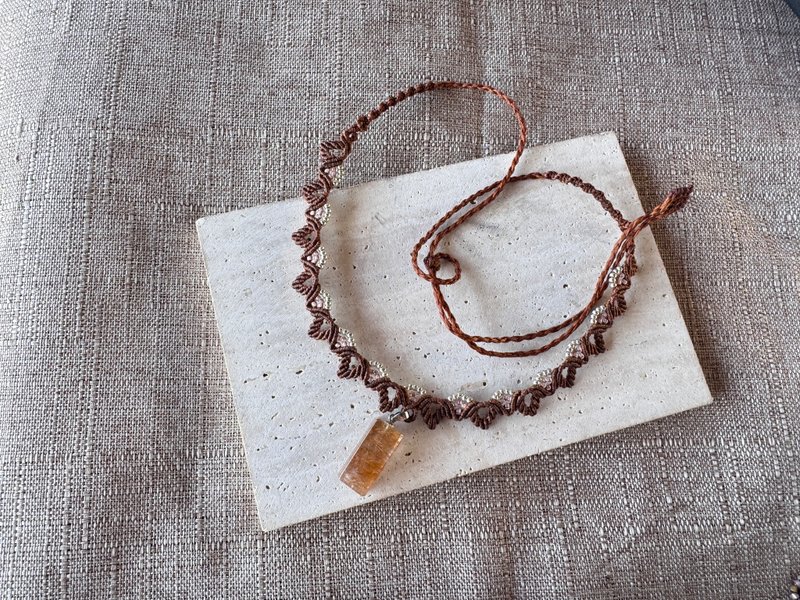 230316 Macrame 金发晶 编织 颈链 - 项链 - 半宝石 咖啡色