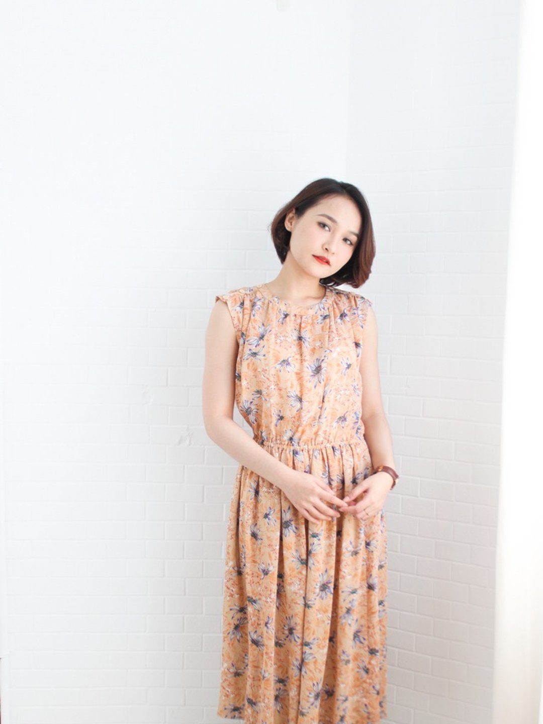 复古日本制典雅大人感浪漫碎花朵裸色无袖宽松古着洋装 - 洋装/连衣裙 - 聚酯纤维 橘色