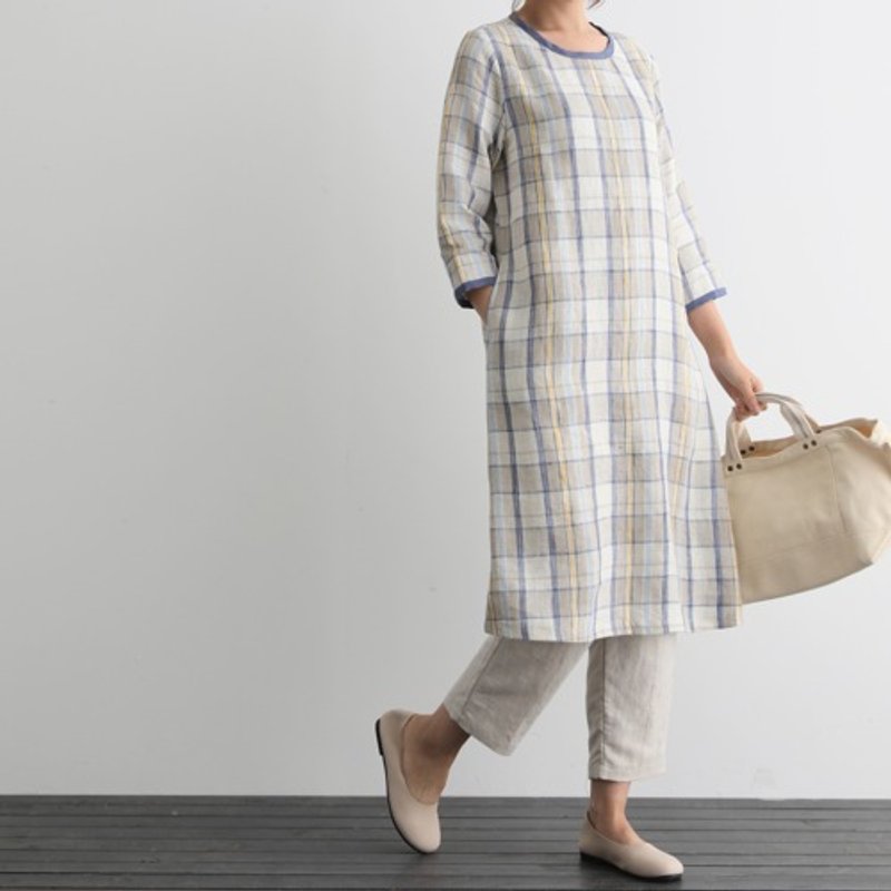 ★20%优惠★细腻格纹长洋装｜100%亚麻｜九分袖｜200904-2 - 洋装/连衣裙 - 棉．麻 