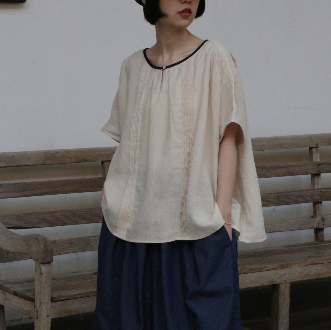 优雅又俏皮 法国亚麻蝙蝠袖细褶上衣 米色 260414-1 - 女装上衣 - 亚麻 卡其色
