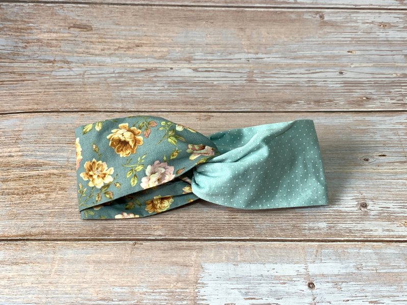 交叉发带/双色拼接款/古典玫瑰+浅绿色点点 - 发带/发箍 - 棉．麻 绿色