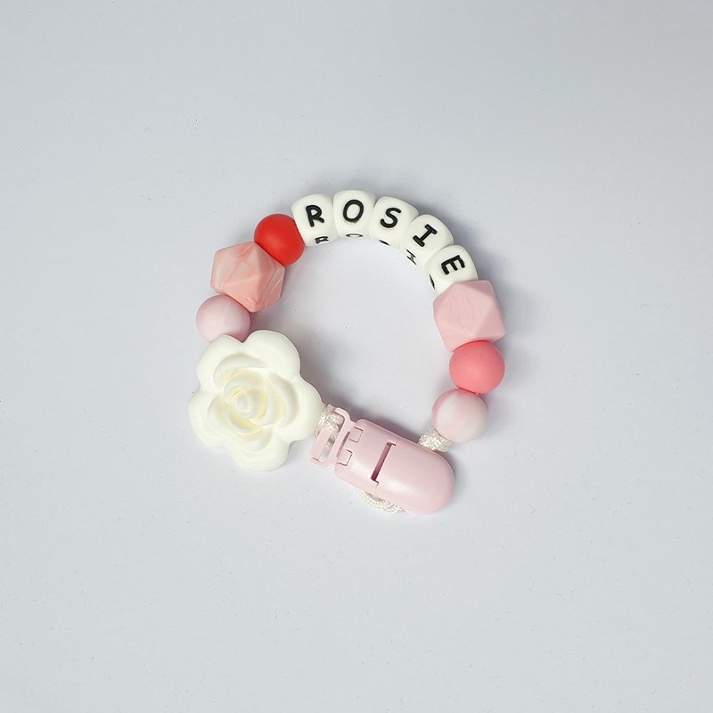 ROSIE 粉色 玫瑰花 奶嘴链夹 / 定制化奶嘴链 可套香草奶嘴 (27cm - 玩具/玩偶 - 其他材质 