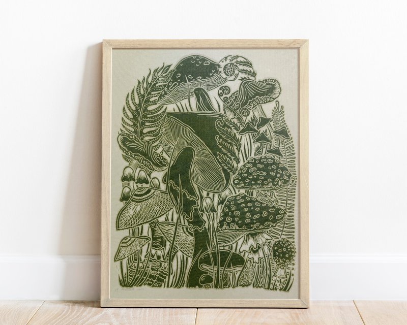 Linocut 印花植物绿色复古蘑菇 12x16 版画墙艺术装饰 - 海报/装饰画/版画 - 纸 绿色