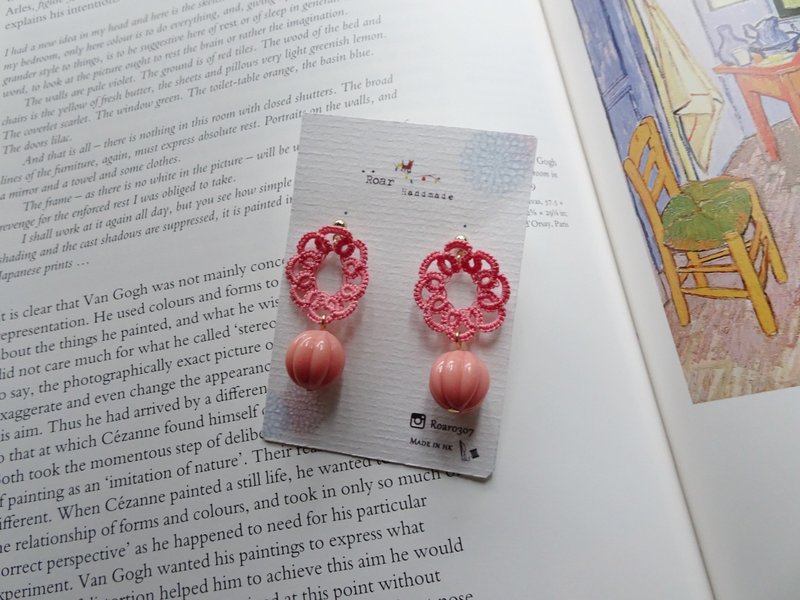 手工梭织蕾丝耳环 。 针式/夹式 - 耳环/耳夹 - 棉．麻 粉红色