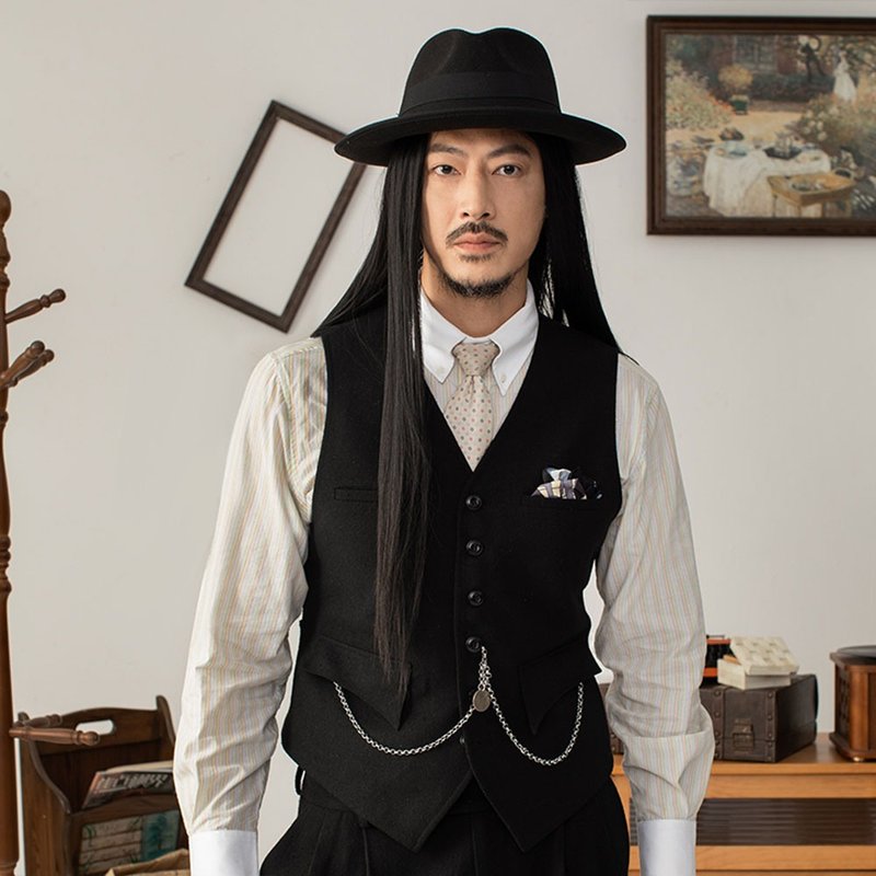 SOARIN英伦复古羊毛V领西装马甲(2432B83) - 男装背心 - 棉．麻 黑色