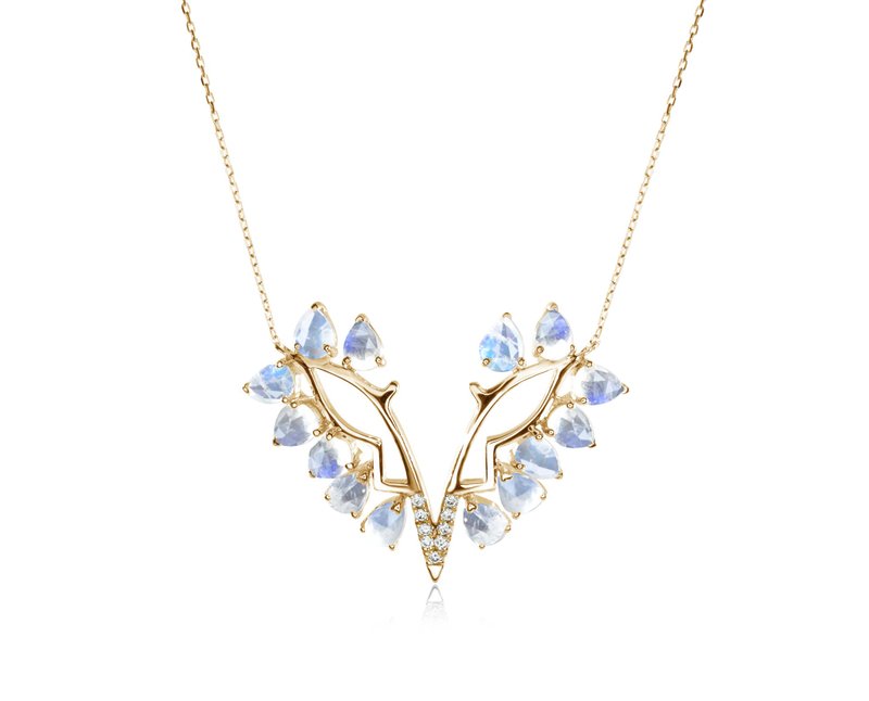 蝴蝶月光石14k黄金钻石项链 6月诞生石锦簇水滴吊坠 翅膀梨形坠子 - 项链 - 贵金属 白色