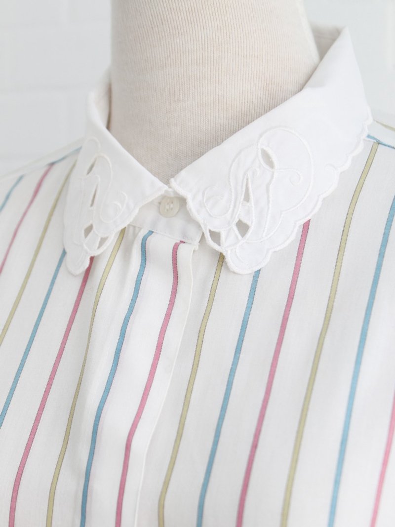 复古欧洲早春刺绣翻领冰林其色条纹短袖棉质古着衬衫 - 女装衬衫 - 棉．麻 粉红色