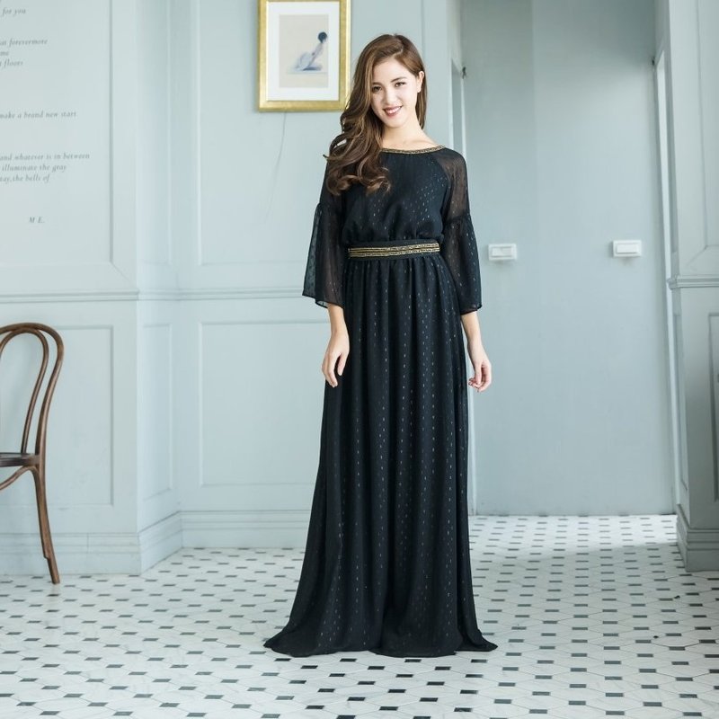 Kan's 复古罗马水袖黑葱露背长礼服 - 晚装/礼服 - 聚酯纤维 黑色