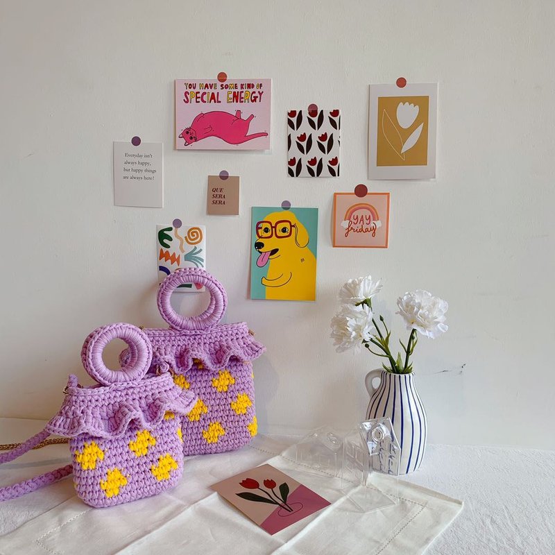 毛球原创设计/圆点花边亲子包/编织包/日系包/斜挎包/礼物 - 侧背包/斜挎包 - 聚酯纤维 紫色