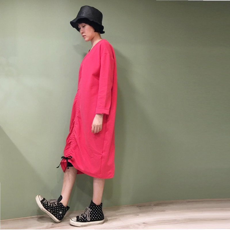 【dress】前后抽绳洋装_桃红 - 洋装/连衣裙 - 棉．麻 红色