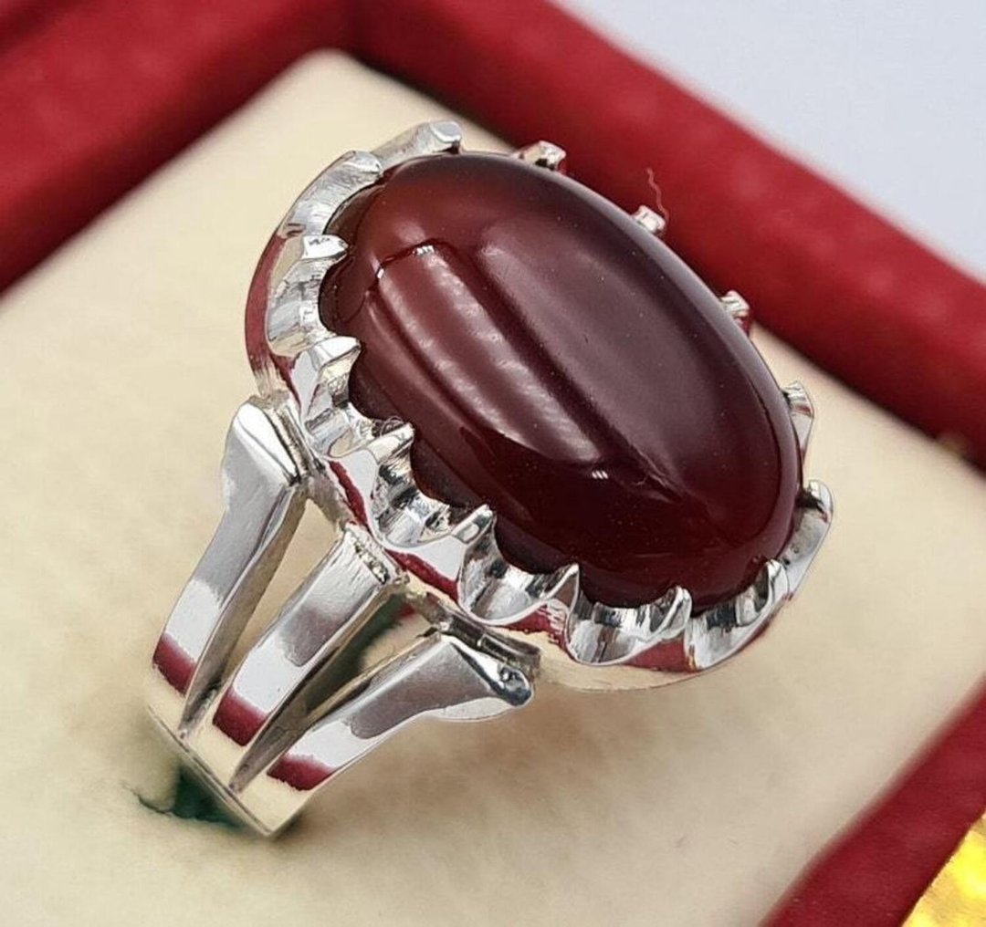 也门 Aqeeq Yamani Yamni 也门玛瑙 Akik Haqiq 纯银戒指 Bague Hand - 戒指 - 宝石 红色