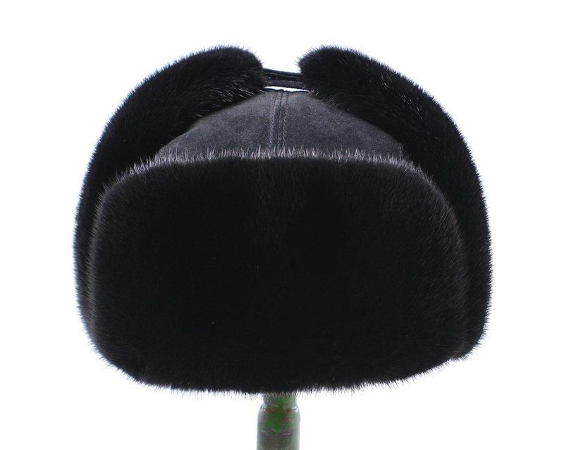 Ushanka 帽子 男士真毛皮水貂帽冬季耳盖保暖陷阱毛皮帽 - 帽子 - 羊毛 黑色