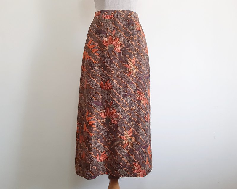 复古风 棕橘色花卉印花女式丝麻 A字裙 XS 腰围 25 寸 - 裙子 - 棉．麻 咖啡色