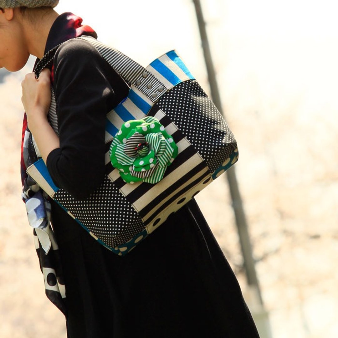 tote bag Location Hunting S Blue Green Corsage dots borders stripes - 其他 - 棉 蓝色
