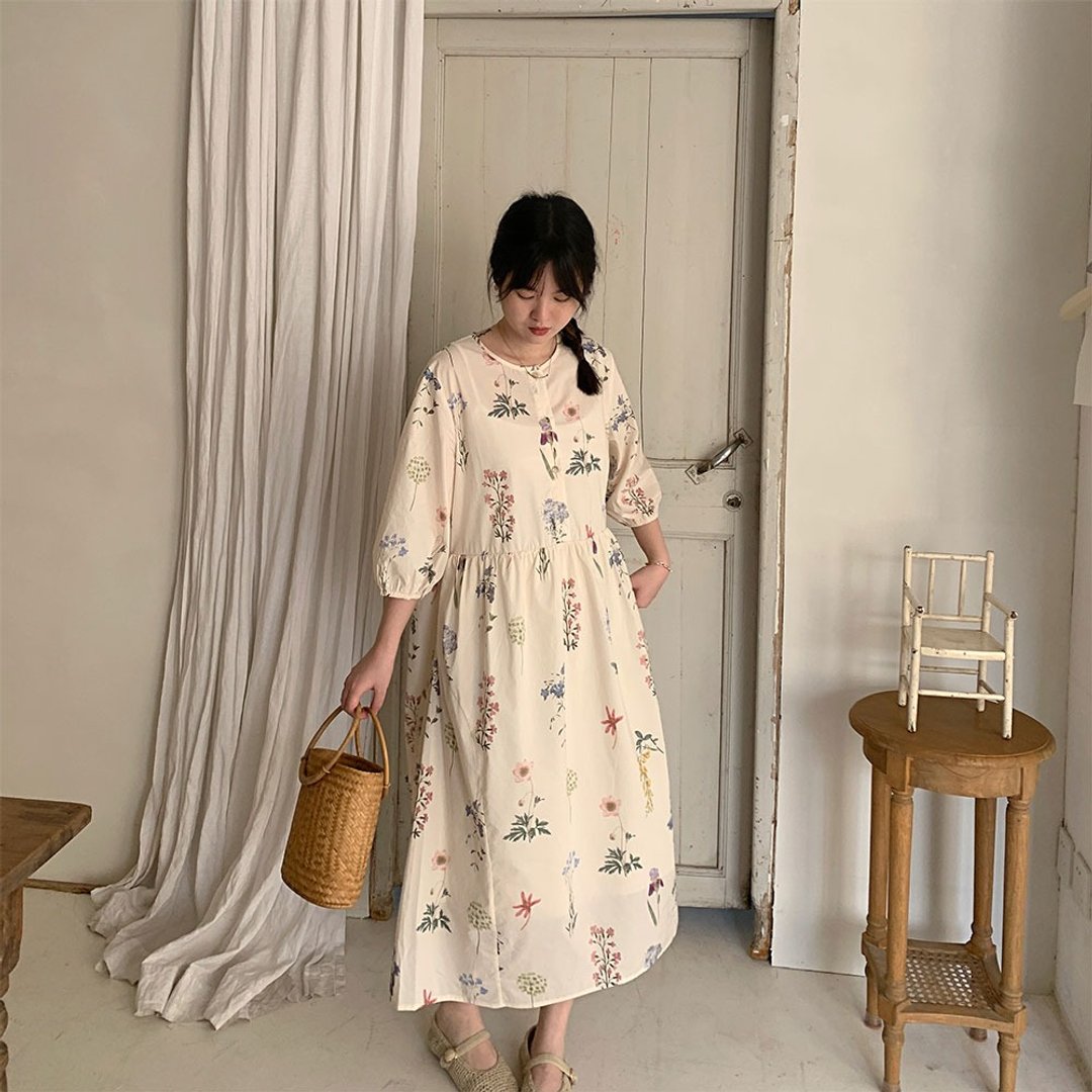 復古少女感印花長裙 / 碎花短袖顯瘦設計 / 茶歇桔梗連衣裙 - 洋装/连衣裙 - 棉．麻 白色