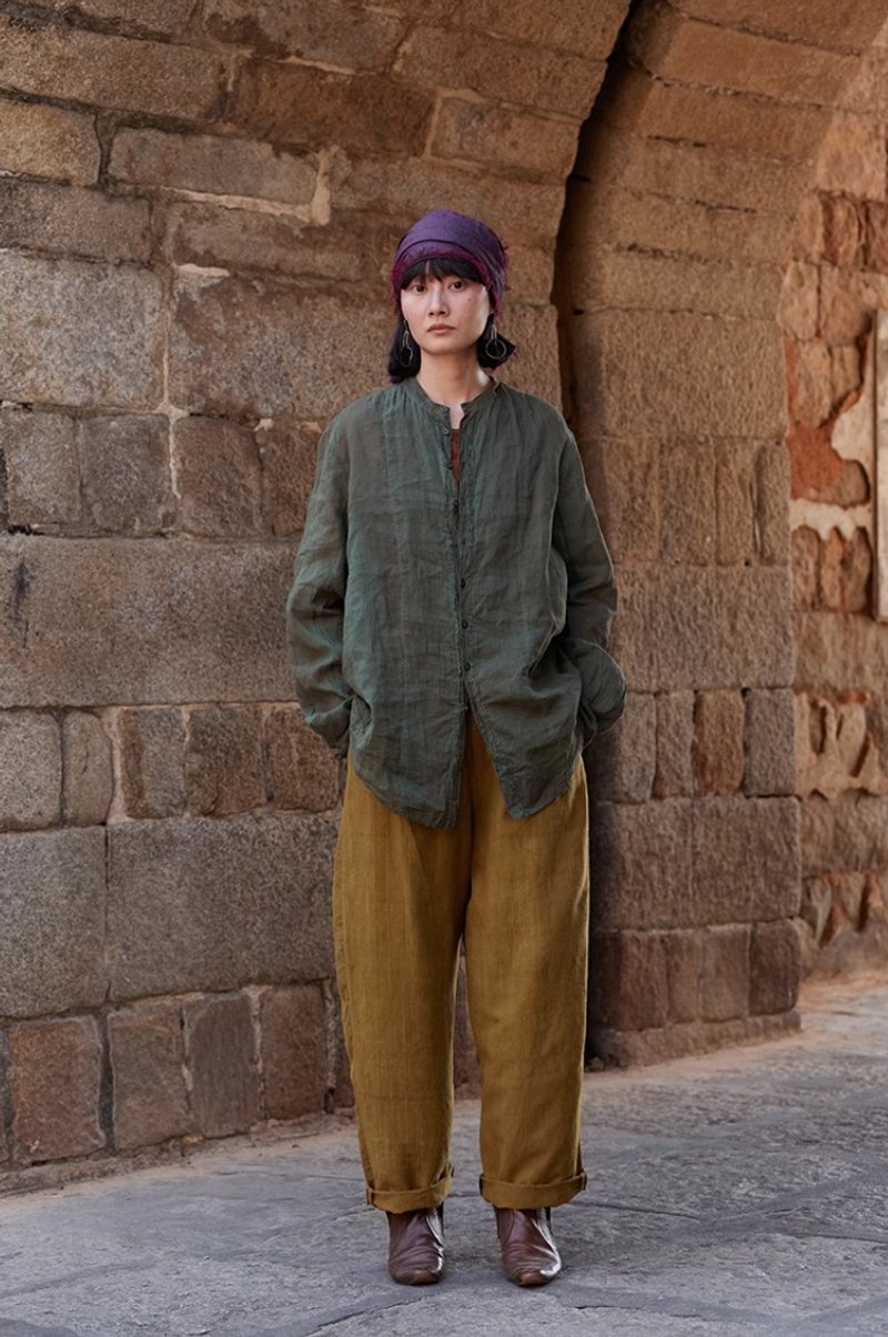 复古文青 纯棉植物染衬衫上衣 - 女装衬衫 - 其他材质 绿色