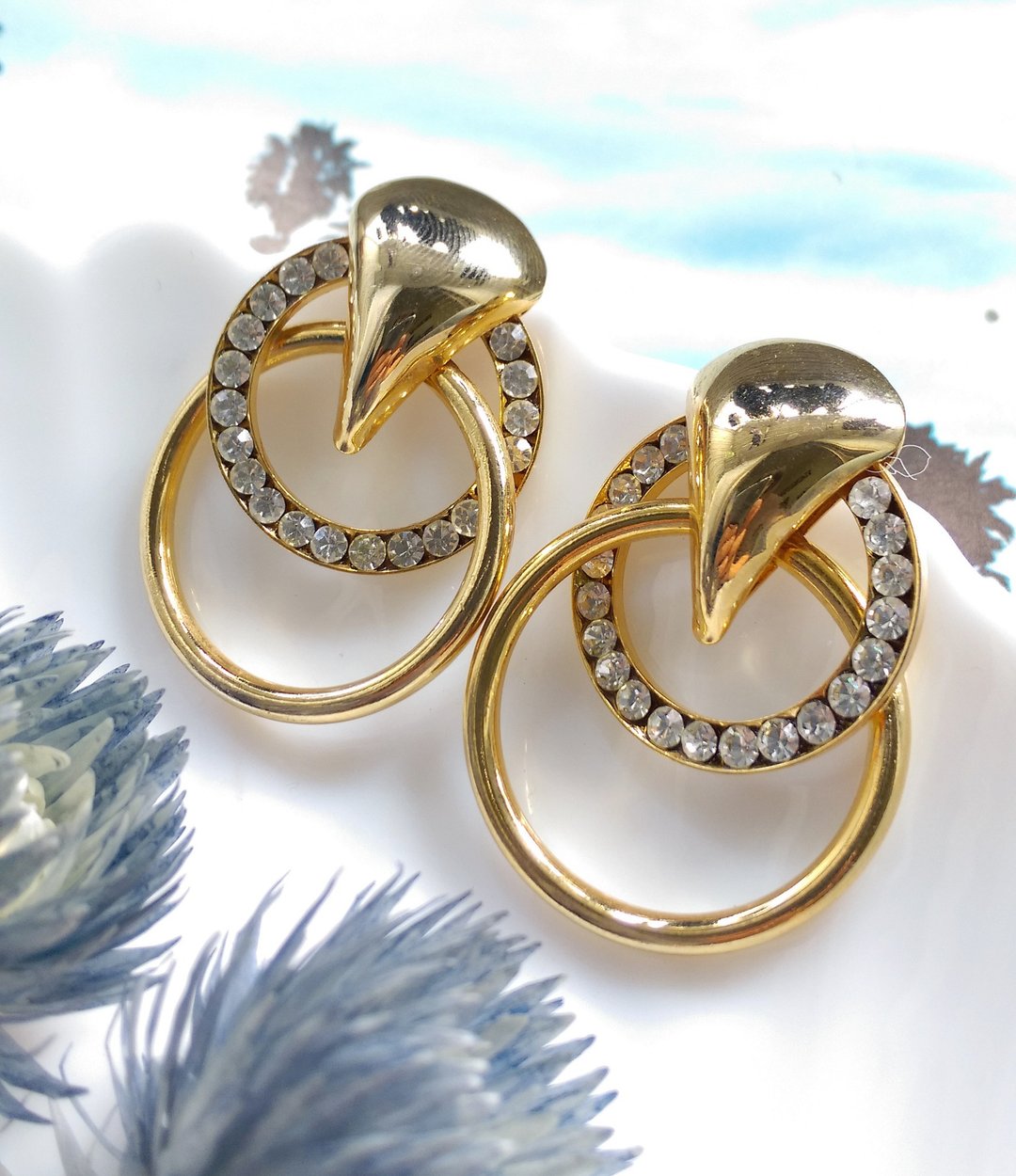Vintage Jewelry 西洋古董饰品 立体 双圈 优雅钻 针式耳环 - 耳环/耳夹 - 其他金属 金色
