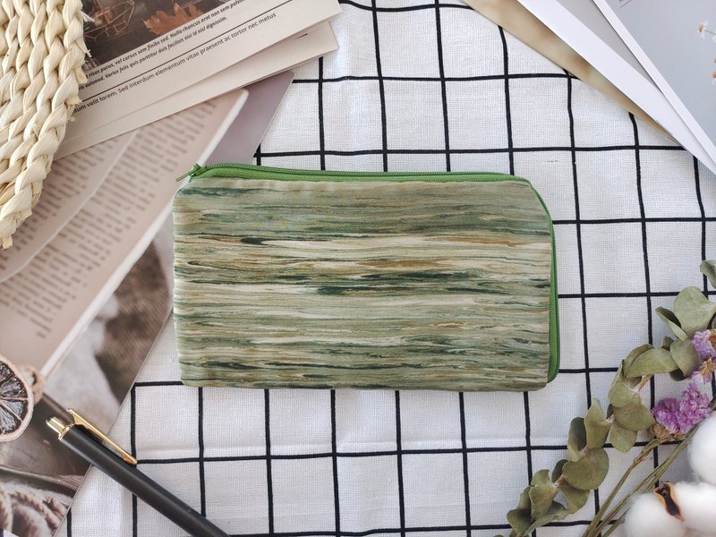 刻印-L型笔袋/化妆包-古着和服系列 - 化妆包/杂物包 - 棉．麻 绿色