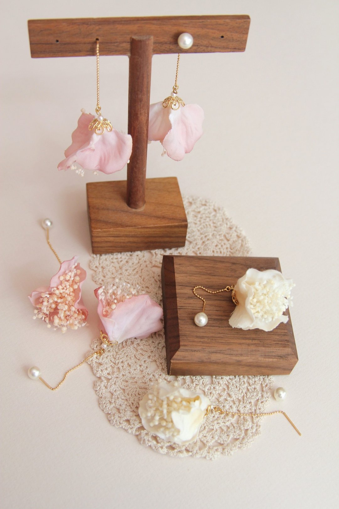 耳环 饰品 花耳环 花办耳环 珍珠耳环 干花耳环 少女风 日系作品 - 耳环/耳夹 - 植物．花 粉红色