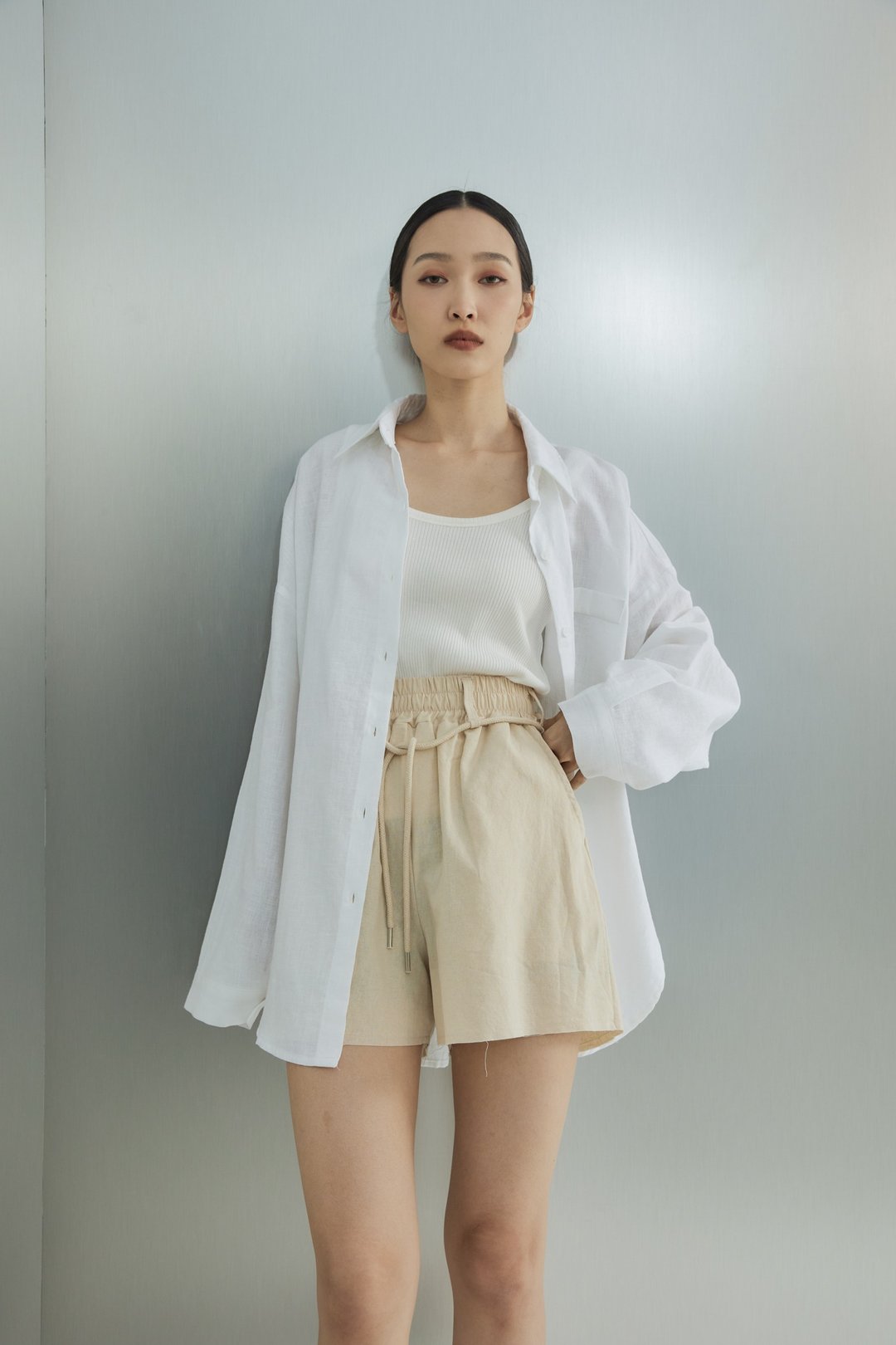 棉麻 Oversize 侧开衬衫 纯净白 - 女装衬衫 - 棉 白色