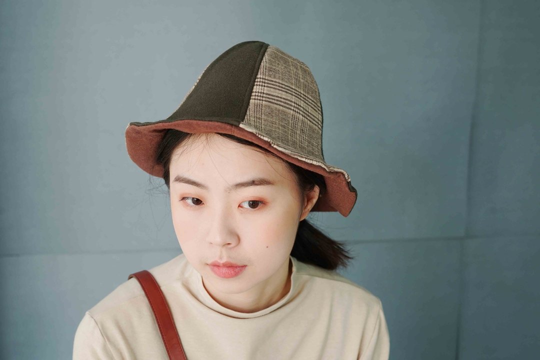 设计手作-森林系毛呢绿色千鸟格 山丘帽 渔夫帽 - 帽子 - 羊毛 绿色