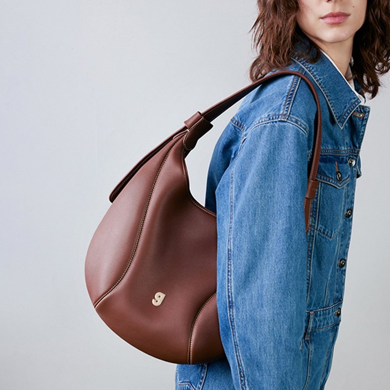 深巧棕色 小号棒球托特包 头层牛皮真皮包 斜背肩背挎包 KUNOGIGI - 侧背包/斜挎包 - 真皮 咖啡色