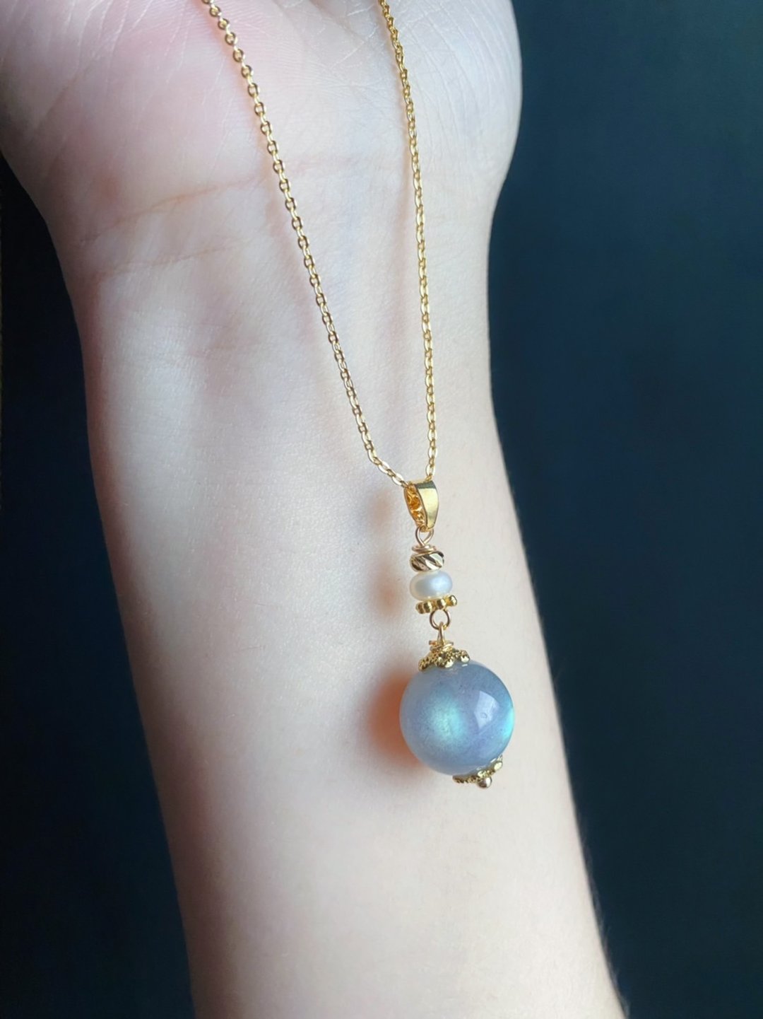 灰月光 拉长石 宇宙 手作吊坠 水晶 项链 礼物 珍珠 生日 - 颈链 - 水晶 灰色