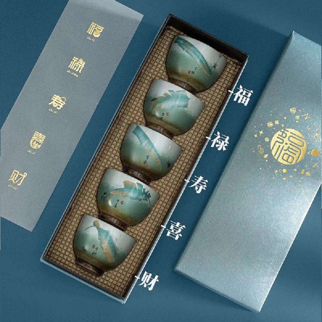 福禄寿喜财 | 主人杯 陶瓷功夫茶杯5件套 新年春节礼物 礼盒装 - 茶具/茶杯 - 陶 