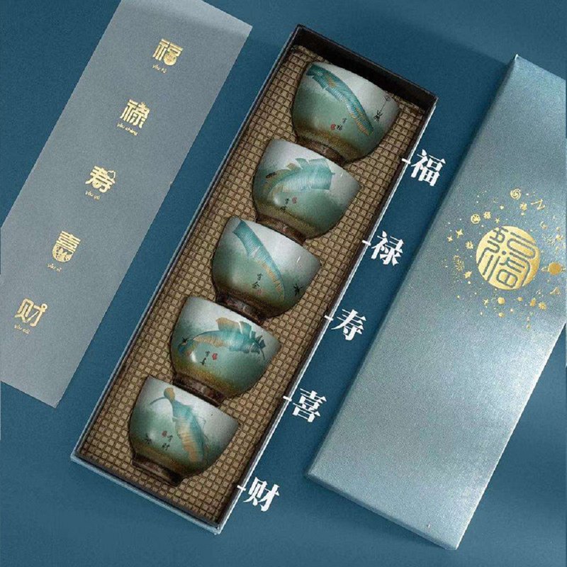 福禄寿喜财 | 主人杯 陶瓷功夫茶杯5件套 新年春节礼物 礼盒装 - 茶具/茶杯 - 陶 