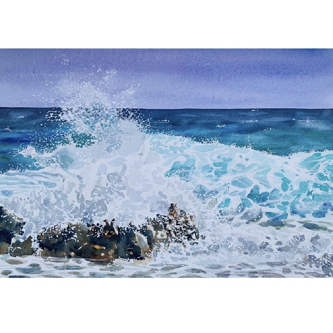 Original Watercolor painting Seascape with surf on the rocks Artwork Aquarelle - 墙贴/壁贴 - 纸 多色