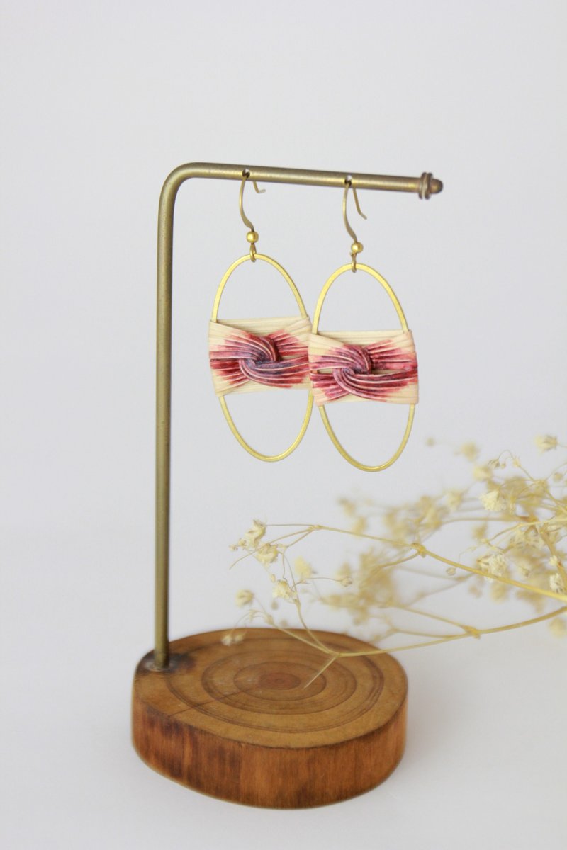 手工耳环-河流系列/ 手工藤编刷染【豆红渐层】 - 耳环/耳夹 - 铜/黄铜 红色