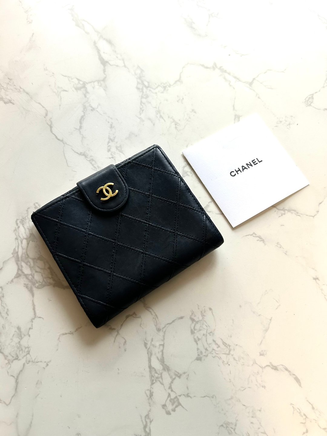 中古 Chanel 双面小羊皮革 黑色短夹 皮夹 钱包 小包 古董二手包 - 皮夹/钱包 - 真皮 黑色
