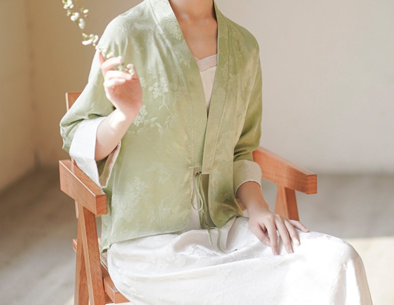 新中式 改良汉服套装提花茶服輕薄連衣裙洋裝 - 洋装/连衣裙 - 丝．绢 绿色