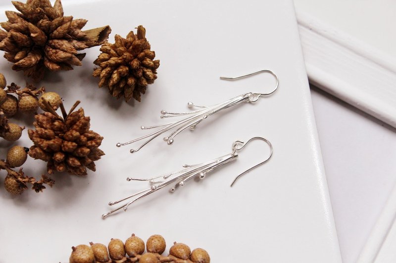 //流苏树枝耳环// S925纯银 金工手作 清新日常 显瘦 - 耳环/耳夹 - 纯银 银色