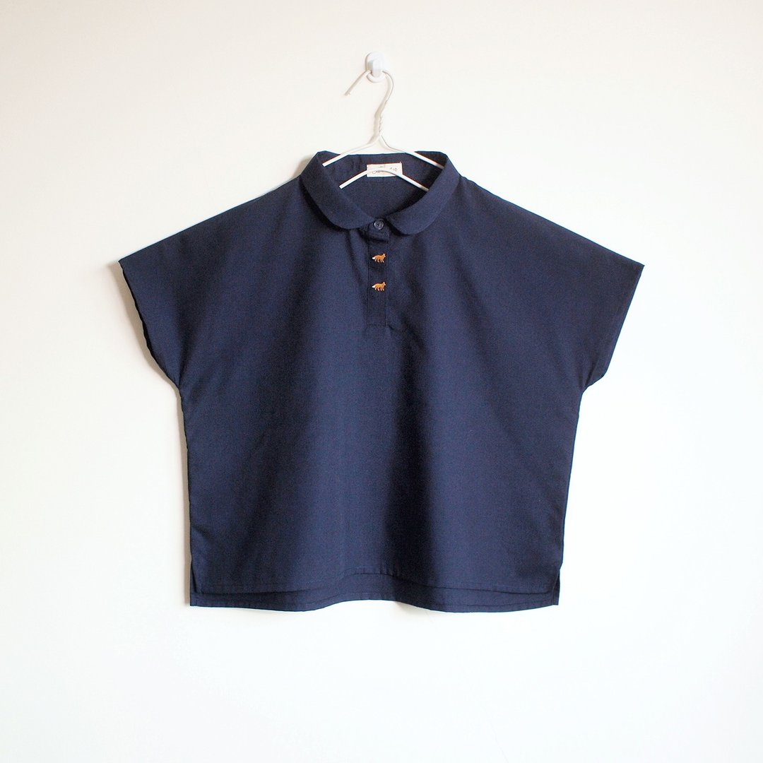 embroidered fox button blouse : navy - 女装上衣 - 棉 蓝色