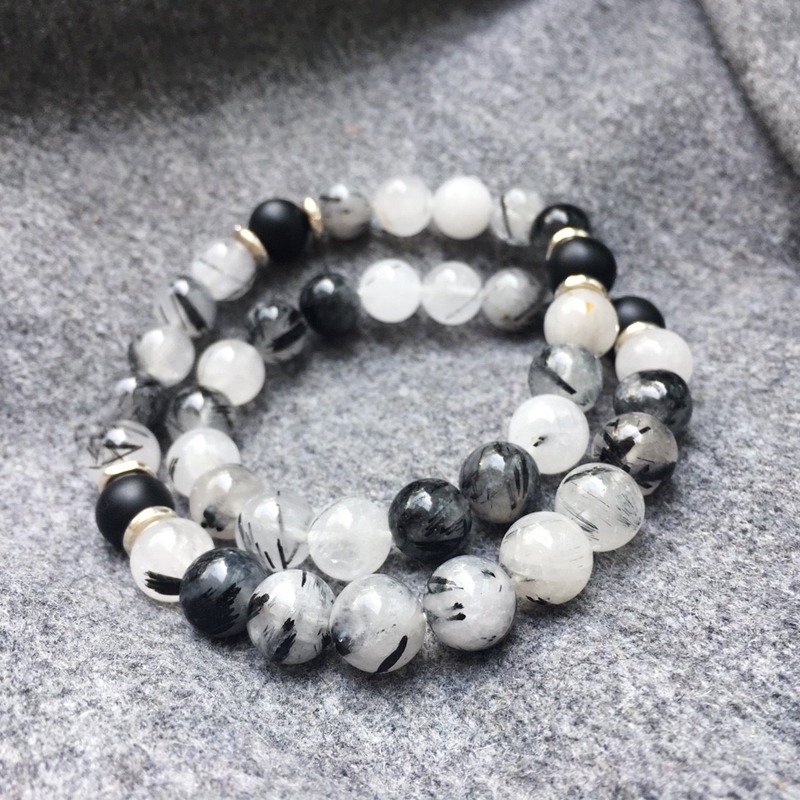 云淡风轻:: 双圈天然石 - 925纯银 / 黑发晶 / 领袖魅力石 / 生日礼物 / 手链手环礼物定制设计 - 手链/手环 - 宝石 灰色