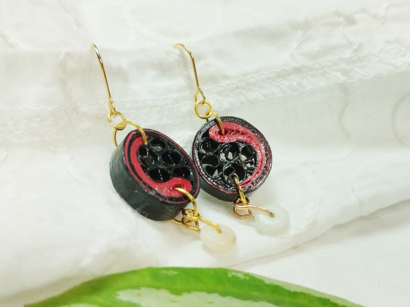 衍纸 卷纸 纸工艺 纸珠宝 手作饰品--艺想太极 / 红黑鱼 - 耳环/耳夹 - 纸 红色