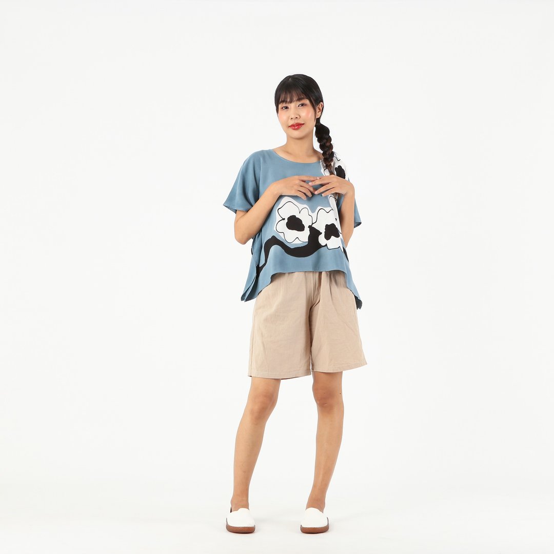 Poncho Blouse Cotton Rayon Hand Painted for Summer resort - 女装上衣 - 棉 灰色