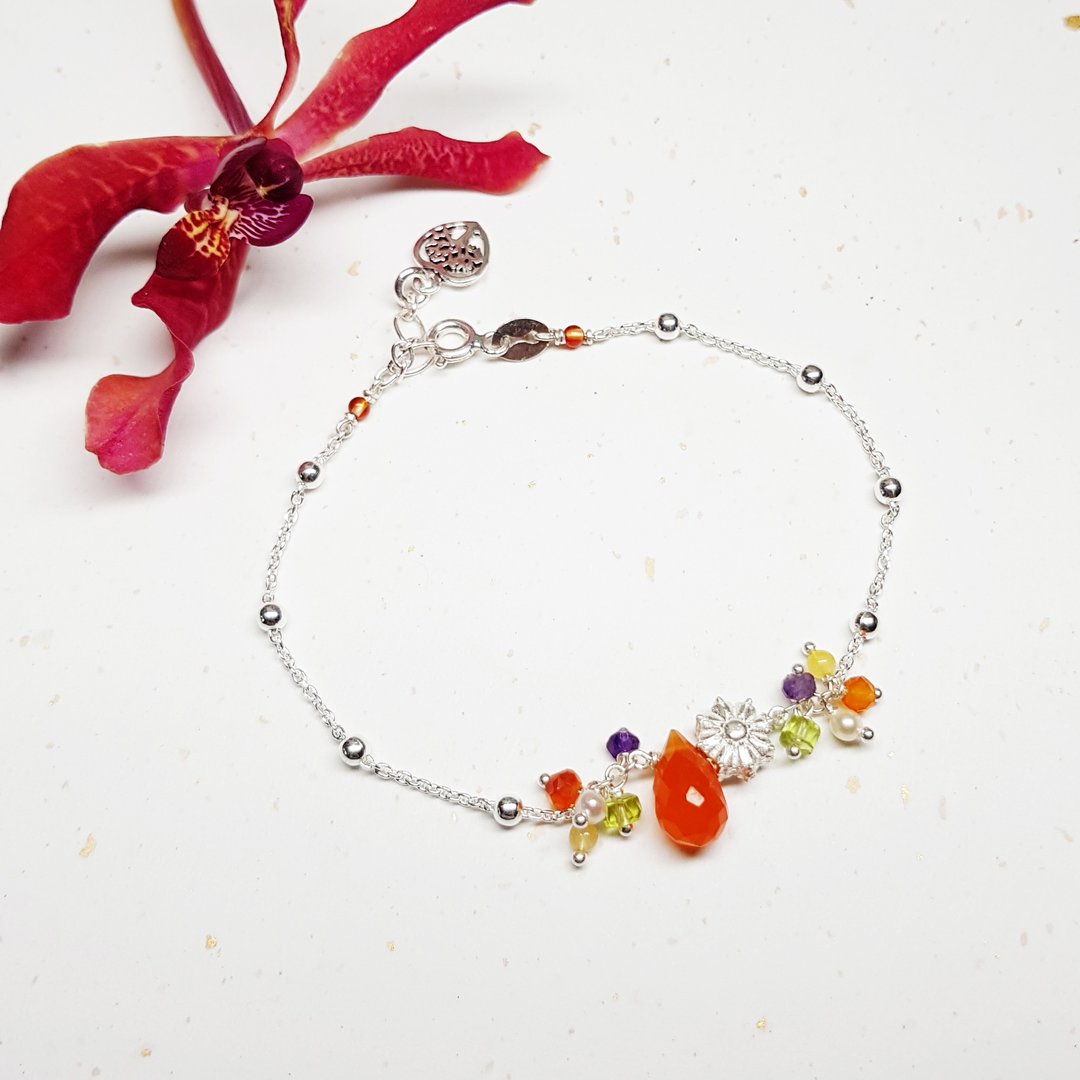优雅小妞系列~橘玛瑙纯银手链 Orange Agate 免费【圣诞礼盒】包 - 手链/手环 - 宝石 橘色