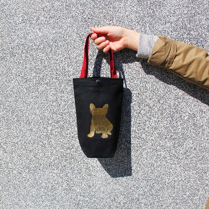 烫金法斗 环保饮料提袋 帆布水壶袋 单杯款 - 随行杯提袋/水壶袋 - 棉．麻 黑色