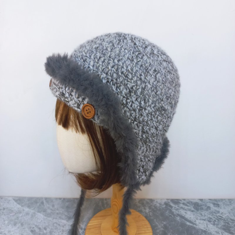 黑灰金丝毛边飞行帽 护耳帽 毛线帽 种戴法 - 帽子 - 棉．麻 灰色