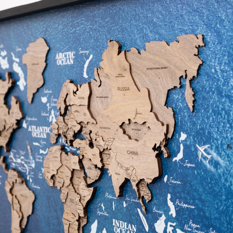 木质世界地图 带框世界地图 时尚客厅装饰 木板墙上地图 - 墙贴/壁贴 - 木头 咖啡色