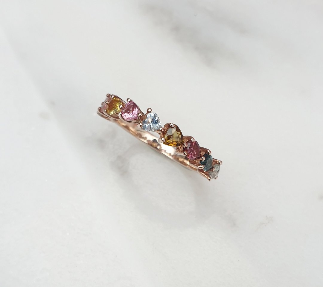 Multicolor-tourmaline gemstone ring, 925 Silver, white gold plated - 戒指 - 宝石 多色