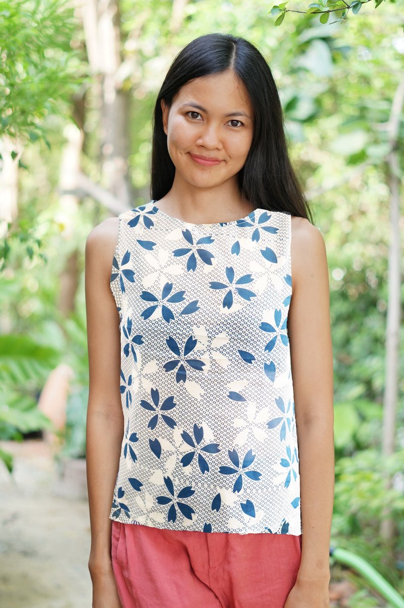 Mulmul sakura dot tank top - 女装上衣 - 棉．麻 蓝色