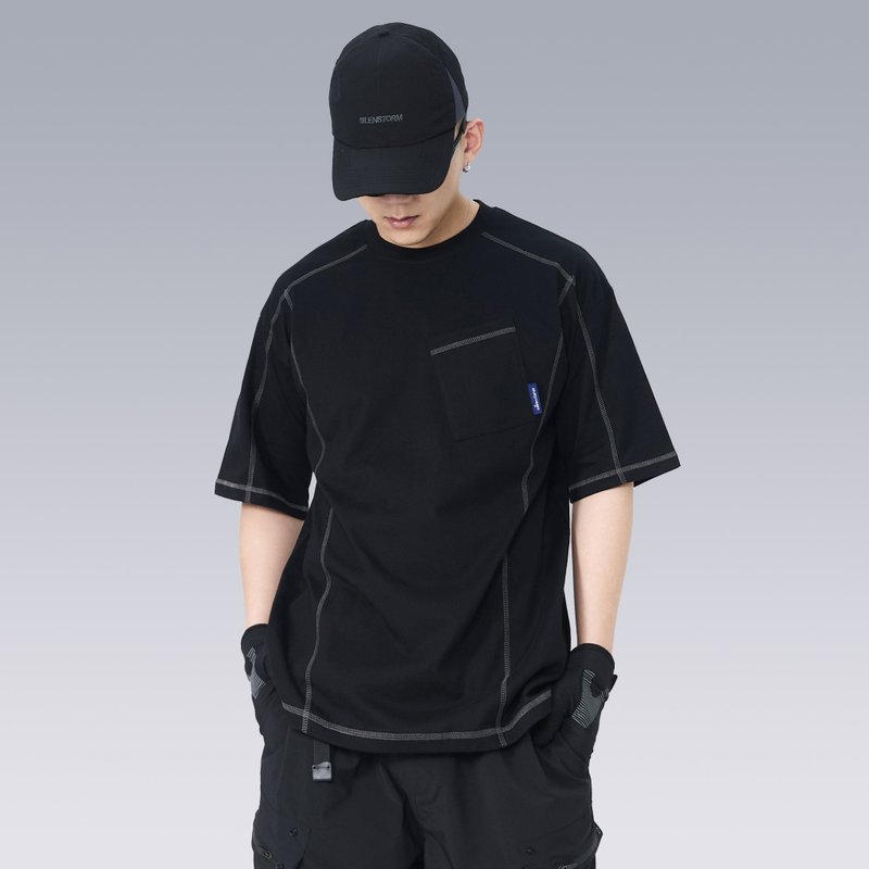 口袋明线上衣拼接宽松半袖简约短袖运动休闲通勤t恤男 - 男装上衣/T 恤 - 其他材质 黑色
